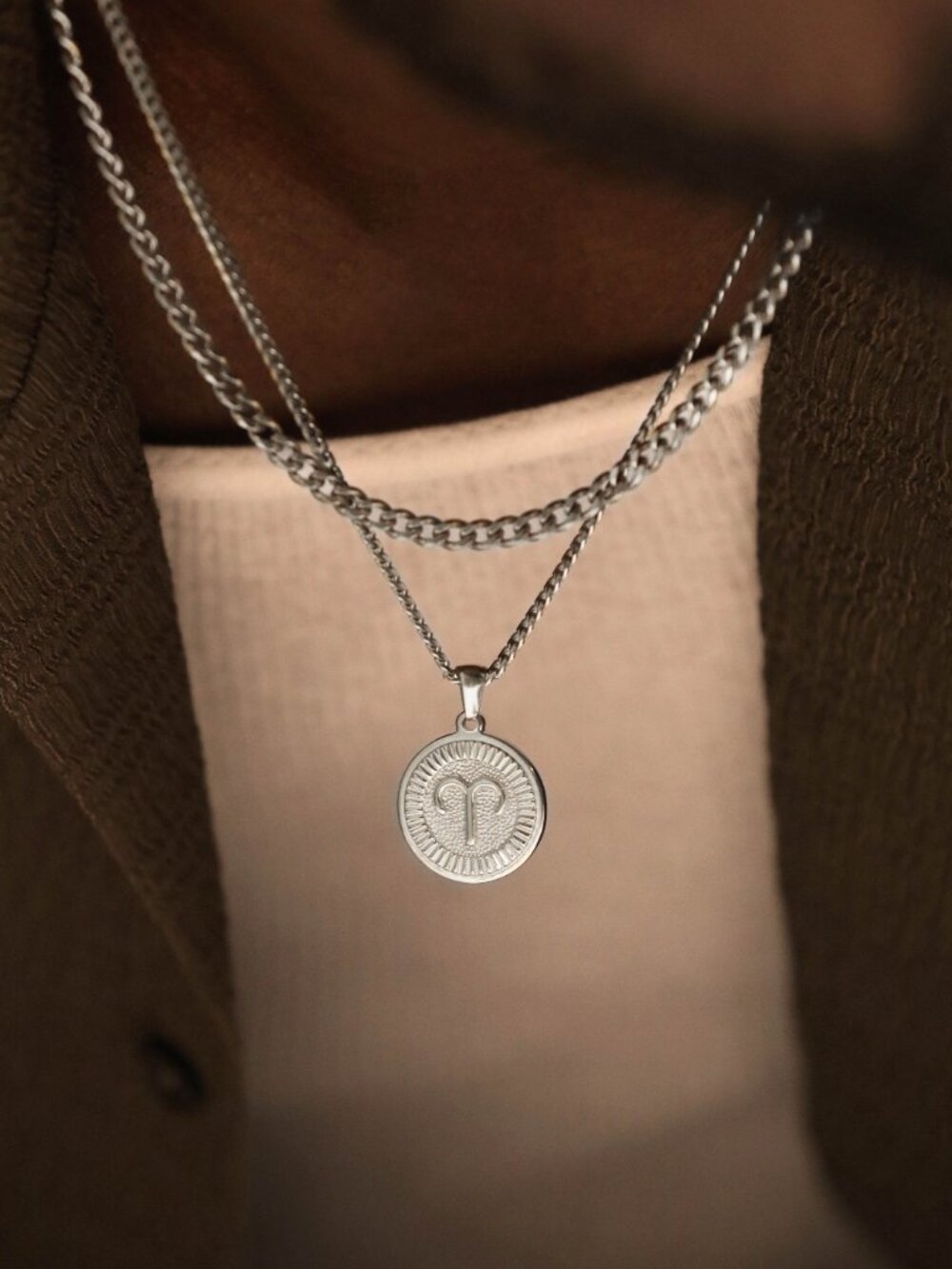 Men's Silver Aries Pendant Necklace Set